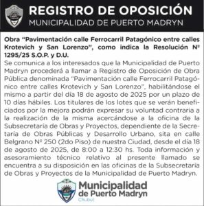 REGISTRO DE OPOSICIÓN – PAVIMENTACIÓN CALLE FERROCARRIL PATAGÓNICO ENTRE CALLES KROTEVICH Y SAN LORENZO