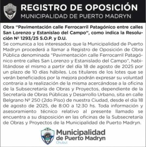 REGISTRO DE OPOSICIÓN – PAVIMENTACIÓN CALLE FERROCARRIL PATAGÓNICO ENTRE CALLES  SAN LORENZO Y ESTANISLAO DEL CAMPO