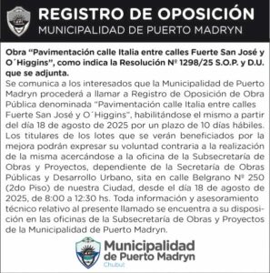 REGISTRO DE OPOSICIÓN – PAVIMENTACIÓN CALLE ITALIA ENTRE CALLES FUERTE SAN JOSÉ Y O´HIGGINS