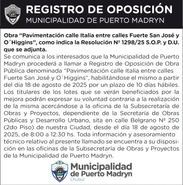 REGISTRO DE OPOSICIÓN – PAVIMENTACIÓN CALLE ITALIA ENTRE CALLES FUERTE SAN JOSÉ Y O´HIGGINS