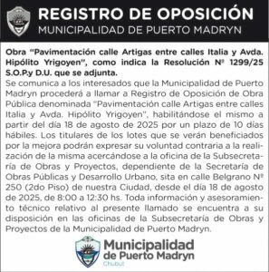 REGISTRO DE OPOSICIÓN DE LA OBRA “PAVIMENTACIÓN CALLE ARTIGAS ENTRE CALLES ITALIA Y AV. HIPÓLITO YRIGOYEN
