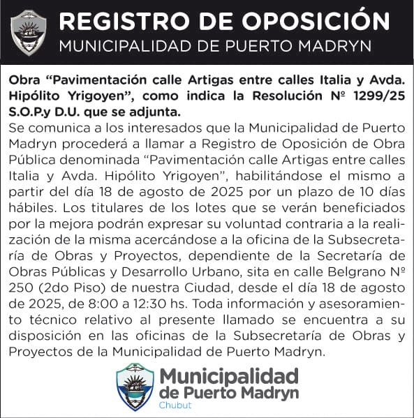 REGISTRO DE OPOSICIÓN DE LA OBRA “PAVIMENTACIÓN CALLE ARTIGAS ENTRE CALLES ITALIA Y AV. HIPÓLITO YRIGOYEN