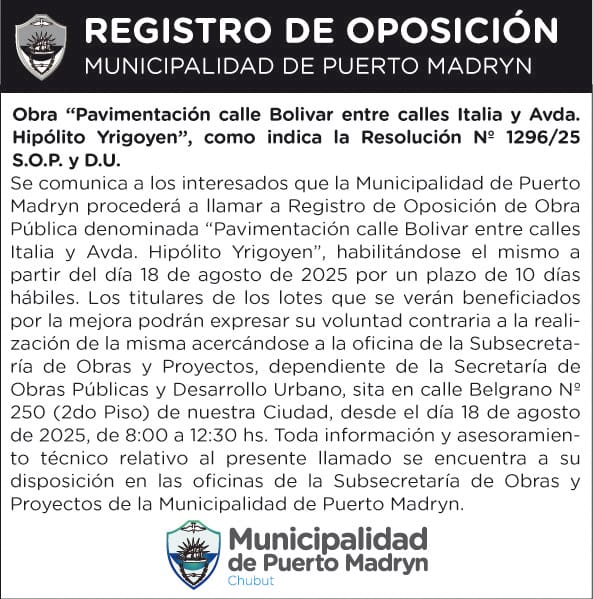REGISTRO DE OPOSICIÓN – PAVIMENTACIÓN CALLE BOLIVAR ENTRE CALLES ITALIA Y AV. HIPÓLITO YRIGOYEN