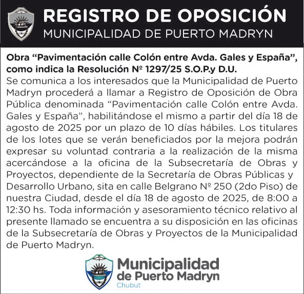 REGISTRO DE OPOSICIÓN – PAVIMENTACIÓN CALLE COLÓN ENTRE AV. GALES Y ESPAÑA