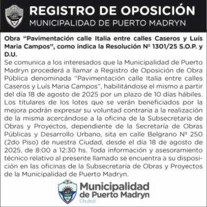 REGISTRO DE OPOSICIÓN DE LA OBRA PAVIMENTACIÓN CALLE ITALIA ENTRE CALLES CASEROS Y LUIS MARÍA CAMPOS