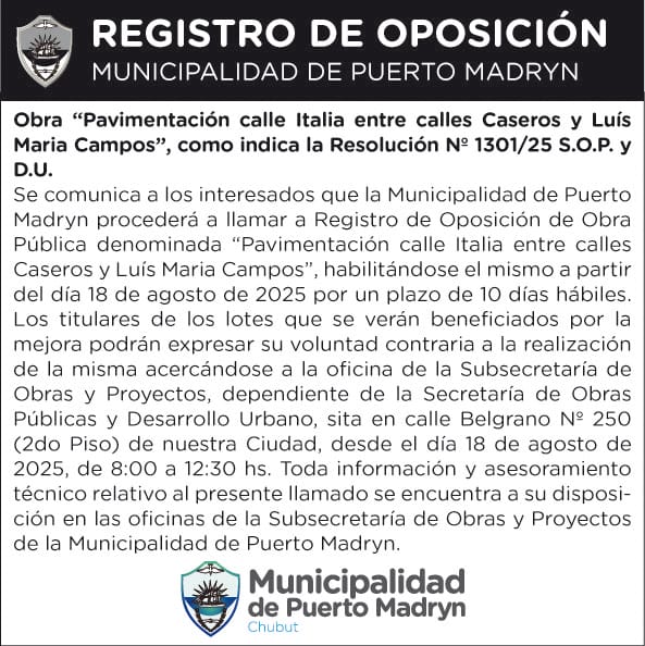 REGISTRO DE OPOSICIÓN DE LA OBRA PAVIMENTACIÓN CALLE ITALIA ENTRE CALLES CASEROS Y LUIS MARÍA CAMPOS