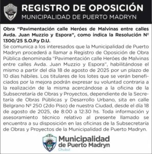 REGISTRO DE OPOSICIÓN – PAVIMENTACIÓN CALLE HÉROES DE MALVINAS ENTRE CALLES AV. JUAN MUZZIO Y ESPORA