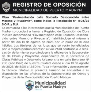 REGISTRO DE OPOSICIÓN – PAVIMENTACIÓN CALLE SOLDADO DESCONOCIDO ENTRE MORENO Y RIVADAVIA