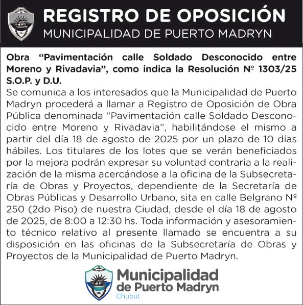 REGISTRO DE OPOSICIÓN – PAVIMENTACIÓN CALLE SOLDADO DESCONOCIDO ENTRE MORENO Y RIVADAVIA