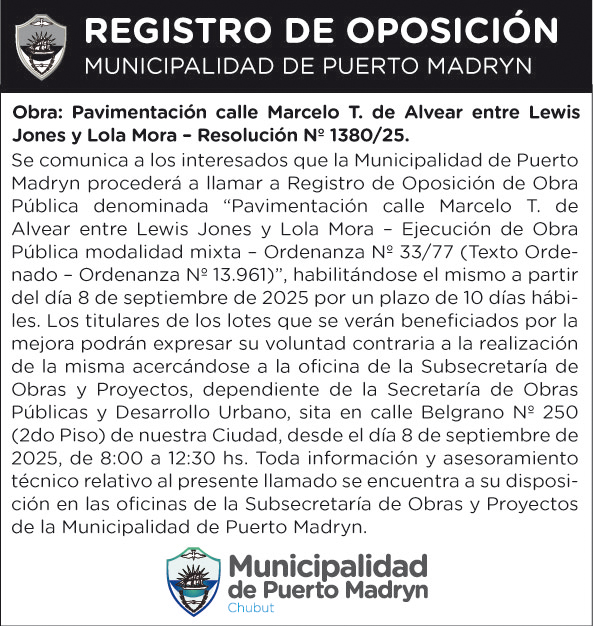 REGISTRO DE OPOSICIÓN – PAVIMENTACIÓN CALLE MARCELO T. DE ALVEAR ENTRE LEWIS JONES Y LOLA MORA
