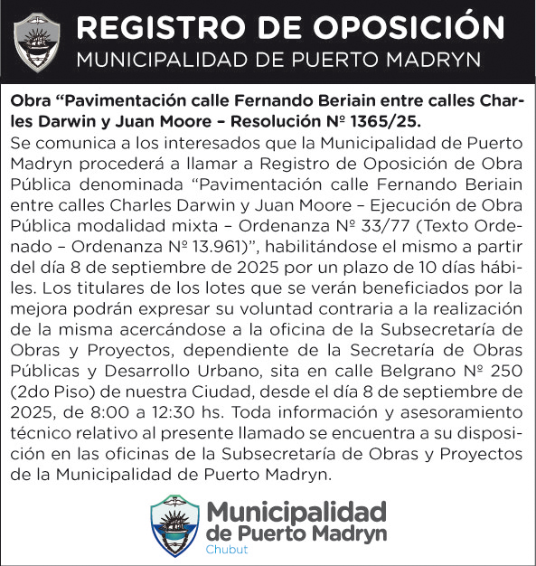 REGISTRO DE OPOSICIÓN – PAVIMENTACIÓN CALLE FERNANDO BERIAIN ENTRE CALLES CHARLES DARWIN Y JUAN MOORE