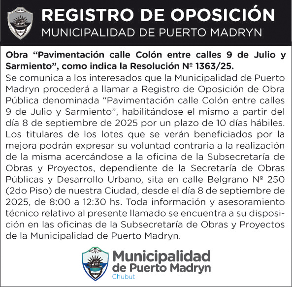 REGISTRO DE OPOSICIÓN – PAVIMENTACIÓN CALLE COLÓN ENTRE CALLES 9 DE JULIO Y SARMIENTO