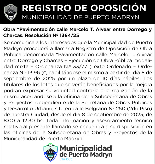 REGISTRO DE OPOSICIÓN – PAVIMENTACIÓN CALLE MARCELO T. ALVEAR ENTRE DORREGO Y CHARCAS