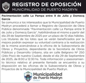 REGISTRO DE OPOSICIÓN – PAVIMENTACIÓN CALLE LA PAMPA ENTRE 9 DE JULIO Y DOMECQ GARCÍA