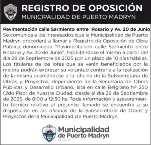 REGISTRO DE OPOSICIÓN – PAVIMENTACIÓN CALLE SARMIENTO ENTRE  ROSARIO Y AV. 20 DE JUNIO