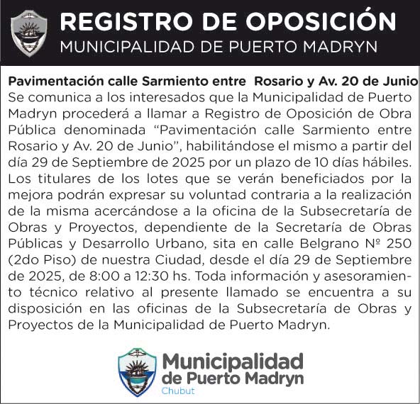 REGISTRO DE OPOSICIÓN – PAVIMENTACIÓN CALLE SARMIENTO ENTRE  ROSARIO Y AV. 20 DE JUNIO