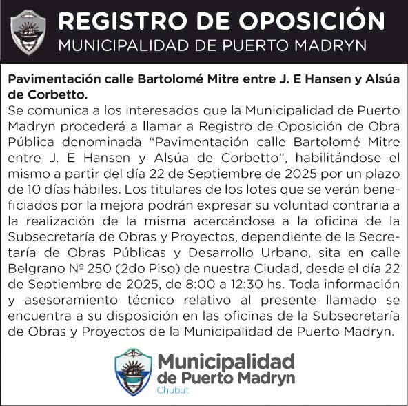 REGISTRO DE OPOSICIÓN: PAVIMENTACIÓN CALLE BARTOLOMÉ MITRE ENTRE J. E HANSEN Y ALSÚA DE CORBETTO.