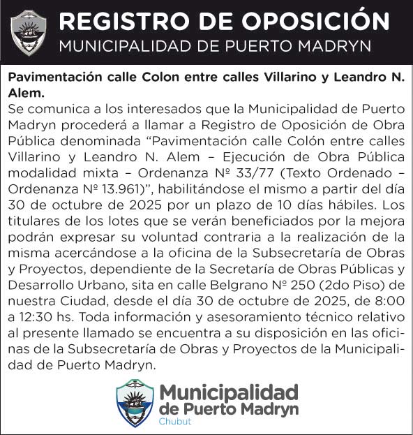 REGISTRO DE OPOSICIÓN – PAVIMENTACIÓN CALLE COLÓN ENTRE VILLARINO Y ALEM