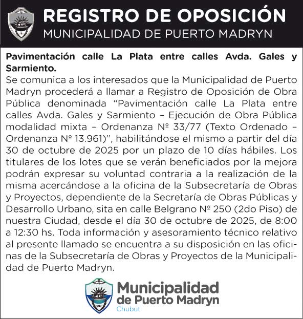 REGISTRO DE OPOSICIÓN – PAVIMENTACIÓN CALLE LA PLATA ENTRE AV. GALES Y SARMIENTO