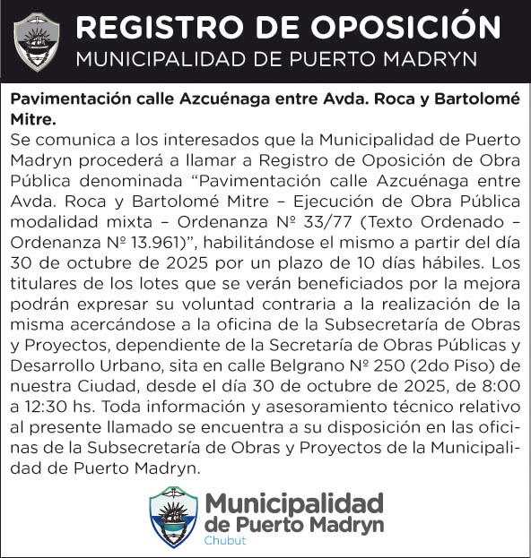 REGISTRO DE OPOSICIÓN – PAVIMENTACIÓN CALLE AZCUÉNAGA ENTRE AV. ROCA Y MITRE