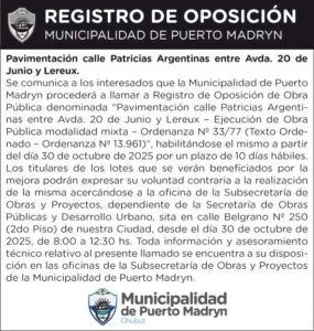 REGISTRO DE OPOSICIÓN – PAVIMENTACIÓN CALLE PATRICIAS ARGENTINAS ENTRE AV. 20 DE JUNIO Y LEREUX