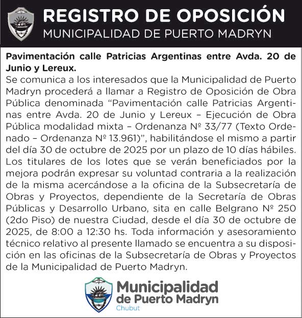 REGISTRO DE OPOSICIÓN – PAVIMENTACIÓN CALLE PATRICIAS ARGENTINAS ENTRE AV. 20 DE JUNIO Y LEREUX