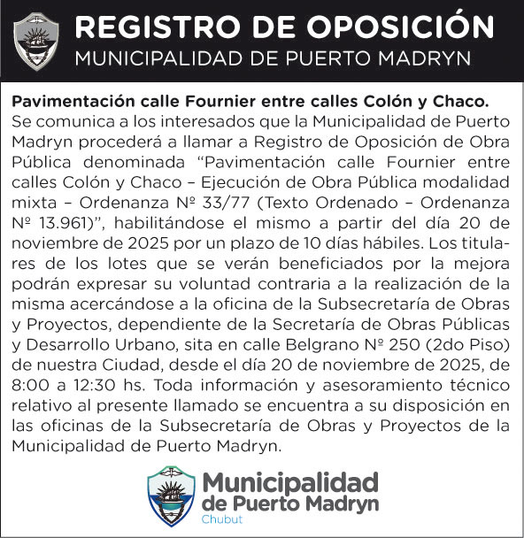 REGISTRO DE OPOSICIÓN – PAVIMENTACIÓN CALLE FOURNIER ENTRE CALLES COLÓN Y CHACO