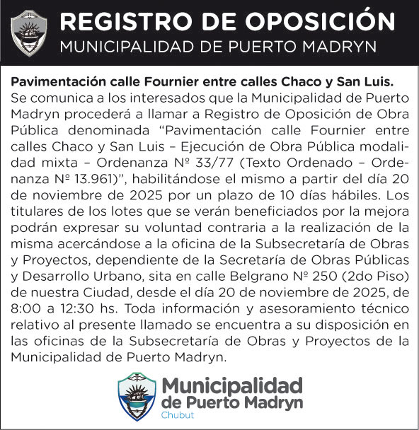 REGISTRO DE OPOSICIÓN – PAVIMENTACIÓN CALLE FOURNIER ENTRE CALLES CHACO Y SAN LUIS