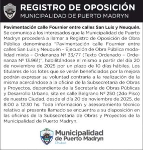 REGISTRO DE OPOSICIÓN – PAVIMENTACIÓN CALLE FOURNIER ENTRE CALLES SAN LUIS Y NEUQUÉN