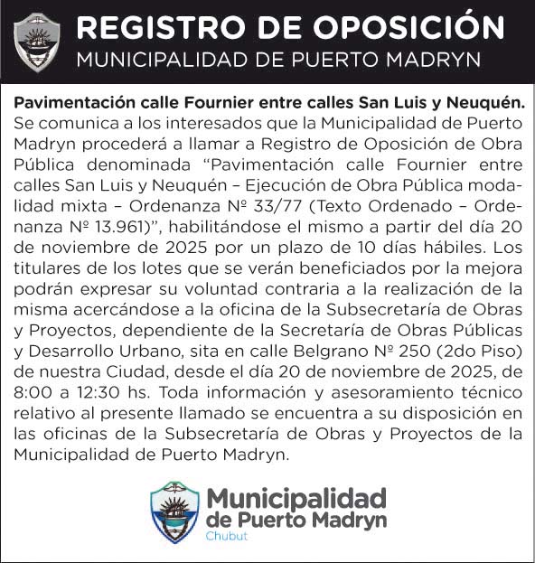 REGISTRO DE OPOSICIÓN – PAVIMENTACIÓN CALLE FOURNIER ENTRE CALLES SAN LUIS Y NEUQUÉN