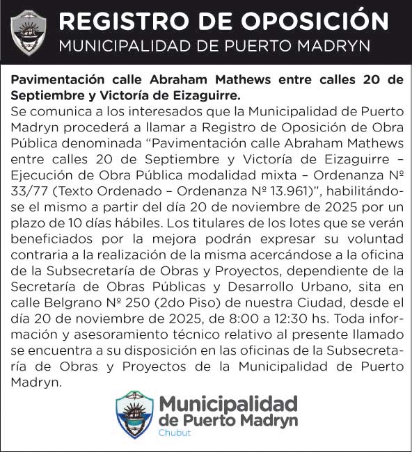 REGISTRO DE OPOSICIÓN – PAVIMENTACIÓN CALLE ABRAHAM MATHEWS ENTRE CALLES 20 DE SEPTIEMBRE Y VICTORÍA DE EIZAGUIRRE