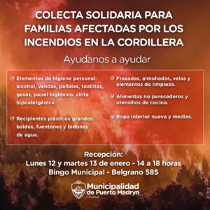 SASTRE ANUNCIÓ QUE EL MUNICIPIO HARÁ UNA COLECTA SOLIDARIA POR LOS INCENDIOS EN LA CORDILLERA